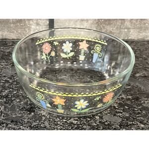 KIG Indonesia Small 6“ Glass Bowl Painted Flowers & Yellow Border